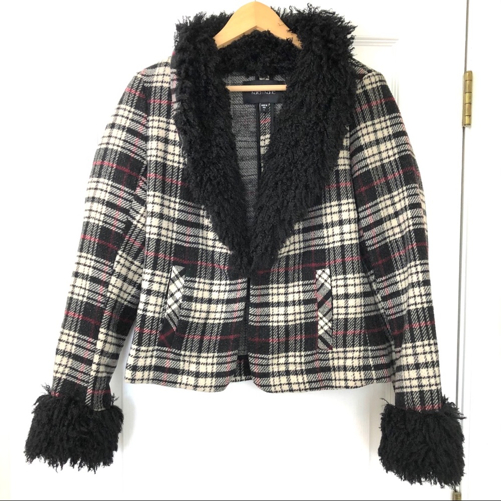 Karen Kane Wool Blend Faux Fur Blend Plaid Blazer